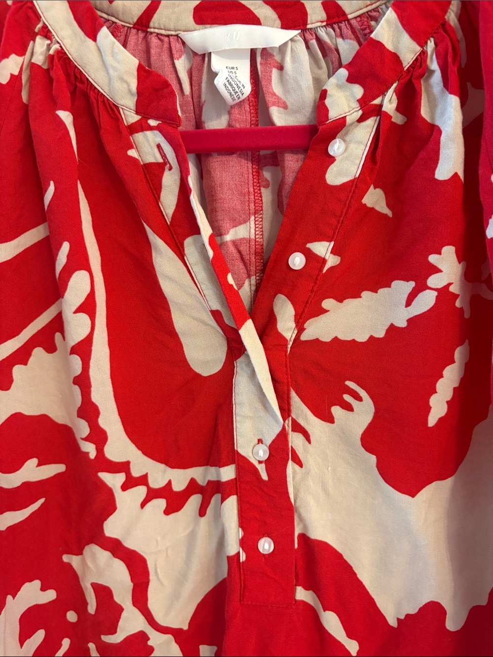 H&M Red and Cream Printed Long-Sleeve Peasant Blouse - Picture 3 of 4